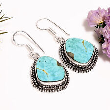 Turquoise Stone Vintage Handmade Jewelry.925 Silver Plated Earrings 1.5