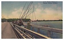 Postcard Linen FL 1953 People Bridge Fishing Rail Water Scenic View Florida picture