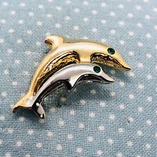 Vtg Two Tone Gold Silver Double Dolphin Lapel Pin w/ Rhinestone Eyes picture