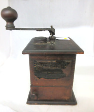 VINTAGE WOODEN  CAST IRON COFFEE GRINDER  WOOD BASE W/LABLE  199 picture