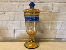 Vintage In the Manner of Steuben Yellow & Blue Floral Decorated Lidded Compote picture