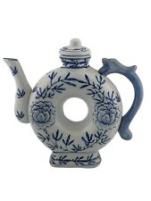 Vintage Chinoiserie Doughnut Shaped Oriental Teapot Blue And White 7” Tall picture