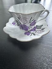 Bone china Rose patterned teacup and saucer Pink, Gray Purple Roses Gold Rim picture