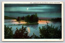 Moonlight on Lake Wausau Wisconsin WI Old Vintage Postcard at Night View 1920s  picture