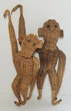 Set Of 2 Vintage Wicker Hanging Monkeys Rattan Decor Mid Century 13
