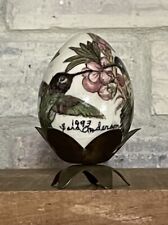 Vtg Hummingbirds Ceramic Egg Hand Painted Metal Stand Signed Sara Anderson 1993 picture