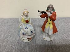 Vintage Porcelain Renaissance Sitting Lady & Man Playing Flute 3.5” Figurines picture