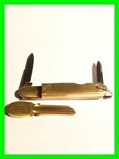 Very HTF Antique Robeson 2 Blade Gold Tone Pocket Knife w/ UNCUT House Key RARE picture
