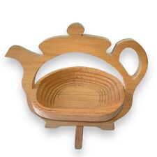 Vtg WOODGIT Collapsible Wood Teapot Fruit Basket/Trivet Kitchen Storage Spiral picture