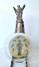 Vintage Round Glass Whiskey Flask w/Figural Shot Topper & Colorful Paper Label  picture
