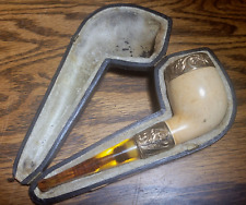 ANTIQUE VTG MEERSCHAUM PIPE W/ ROLLED GOLD MOUNT TRIM & LEATHER CASE AS FOUND picture