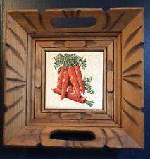 VTG Mexican Hand Carved Wood Framed Ceramic Tile 9.5” Tray/Wall Hanging picture