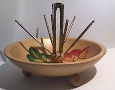 VTG Wood Nut Bowl Footed Painted Oak Leaves Fall Farmhouse Country  Cracker +6 picture
