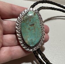 Vintage Native American Bennett Signed Large Turquoise Sterling Silver Bolo Tie picture
