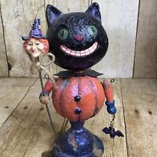 Halloween Black Cat Witch Nodder Folk Art Figurine Bobblehead Vintage Inspired  picture