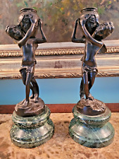 VINTAGE PAIR BRONZE & MARBLE ANGEL FIGURAL CANDLESTICKS HOLDERS STATUE FIGURINES picture