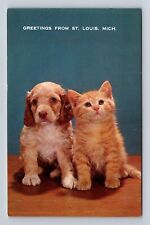 St Louis MI-Michigan, Puppy & Kitten, C'Mon And Smile, Vintage Souvenir Postcard picture