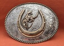 Rare Sterling Silver Silverado Huge Lucky Horseshoe & Bronco Buster Belt Buckle picture