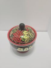 Russian Khokhloma Handpainted Laquer Sugar Bowl W/lid Gold Leaves Red Berries picture