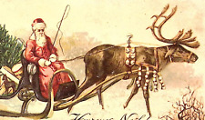 c1910 FRENCH Christmas Postcard Elk Wears Sleigh Bells Long Robe Santa Rides picture
