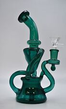 9 Inch Glass Water Pipe Recycler Bong Bubbler Thick Teal Hookah With Perc picture