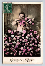 c1911 RPPC Young French Boy Pink Flowers Heureuse Anne Hand Colored Postcard picture