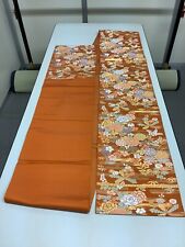 Japanese Vintage Kimono Fukuro Obi silk orange flower embroidery 166.9x12.2in picture