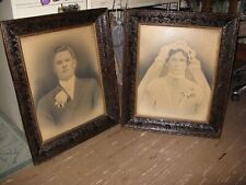 2 LARGE ANTIQUE VICTORIAN BRIDE & GROOM WEDDING PICTURES IN ORANTE WOOD FRAMES picture