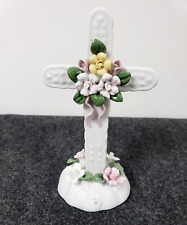 Beautiful Porcelain Cross Roses 3d Figurine 6in high pink yellow flowers picture