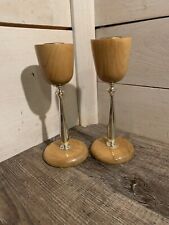 VTG Pair 2 MCM Oregon Myrtle Wood Brass Candlestick Holders Taper Candles EUC picture
