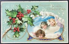 Bright Be Your Christmas Cute Girls Angels Vintage Embossed Postcard Posted picture