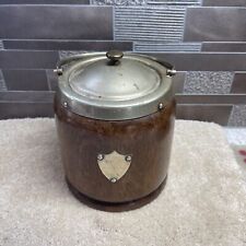 ANTIQUE VINTAGE ENGLISH OAK AND SILVER PLATE BISCUIT BARREL WITH PORCELAIN LINER picture