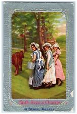 1912 Faith Hope Charity Frame Cow Women Bison Kansas KS Vintage Antique Postcard picture