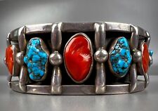 INCREDIBLE HEAVY Vintage Navajo Silver Turquoise & Coral Cuff Bracelet 111 Grams picture