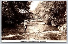 Cheboygan Michigan~Trout Fishing Below Rustic Bridge~Where I am~1940s RPPC picture