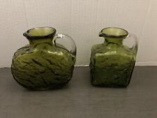 2 Hand Blown Pitchers Green Wavy Glass Hand Applied Handle Pontil Mark picture