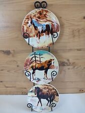 Three Collectible Horse Plates With Hanging Or Standing Rack picture