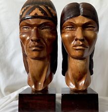 NATIVE Indigenous Aboriginal Detailed Hand Carved Wood Bust Sculpture 14” &  13” picture