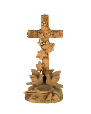 Vtg antique free standing Carved Wood Cross w Birds nest Holy  Font stoup picture