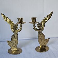 Pair Of Vintage Solid Brass Double Sided Angel Candle Candlestick Holders 9” picture