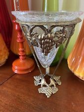 Vintage Crackle Glass Vase Clear Brass Grape Leaf Stand 8” Tall India See Pics picture