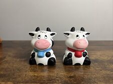 Vtg Ceramic White and Black Spotted Cow Salt And Pepper Shakers Sitting China picture