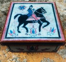 Hand Crafted HORSE & RIDER Wood Trinket/Dresser Box Vintage Equestrian Folk Art picture