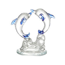 Blue Crystal Double Dolphin Figurine Collectible Glass Sea Animal Ornament Gift picture