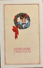 Christmas Little Boy In Wreath Antique Postcard c1910 picture