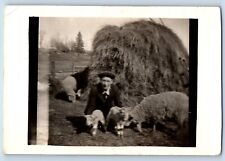 c1910's Postcard RPPC Photo Man With Sheep Hay Scene Field Unposted Antique picture