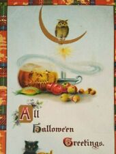 Halloween Postcard Winsch Back Owl Seated On Crescent Moon 2399 Gottschalk 1911 picture