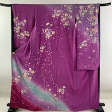 65.7inc Japanese Kimono SILK FURISODE Cherry blossom petals Golden Purple picture