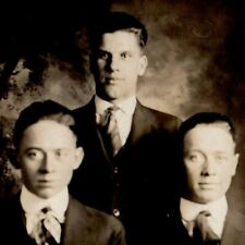 3 Men Suits Trio Portait Group Vintage RPPC Postcard B&W AZO Border picture