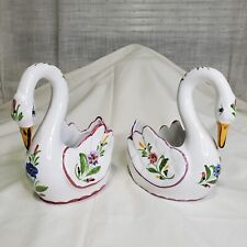 Ceramic White Swans matching Pair hand painted floral dish Vintage  picture